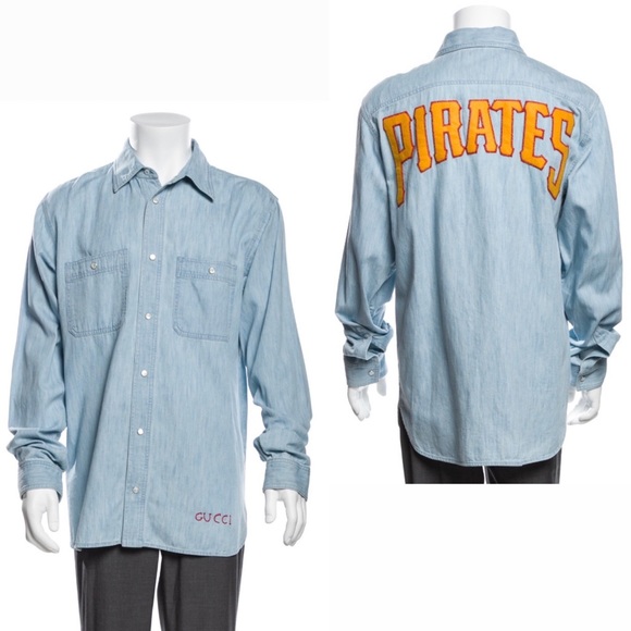Gucci x MLB Graphic Print Pirates Denim Shirt in Light Blue Size XL New w/Tag - Picture 15 of 15